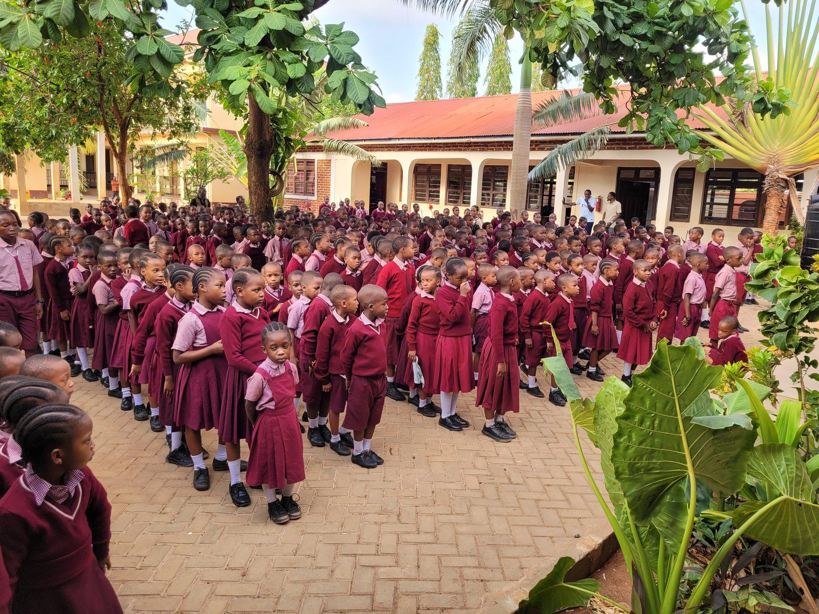 Rows of pupils lined up in the shaded school compound